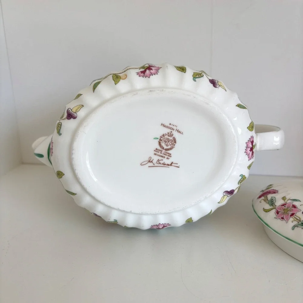 Minton Haddon Hall B-1451 Bone China Teapot 1 1/2 Pints Floral Green Trim